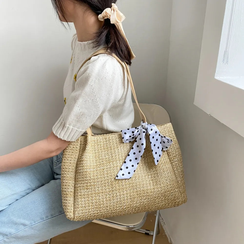 SOLINE – Woven Summer Bag with Leather Details &amp; Bow Accent