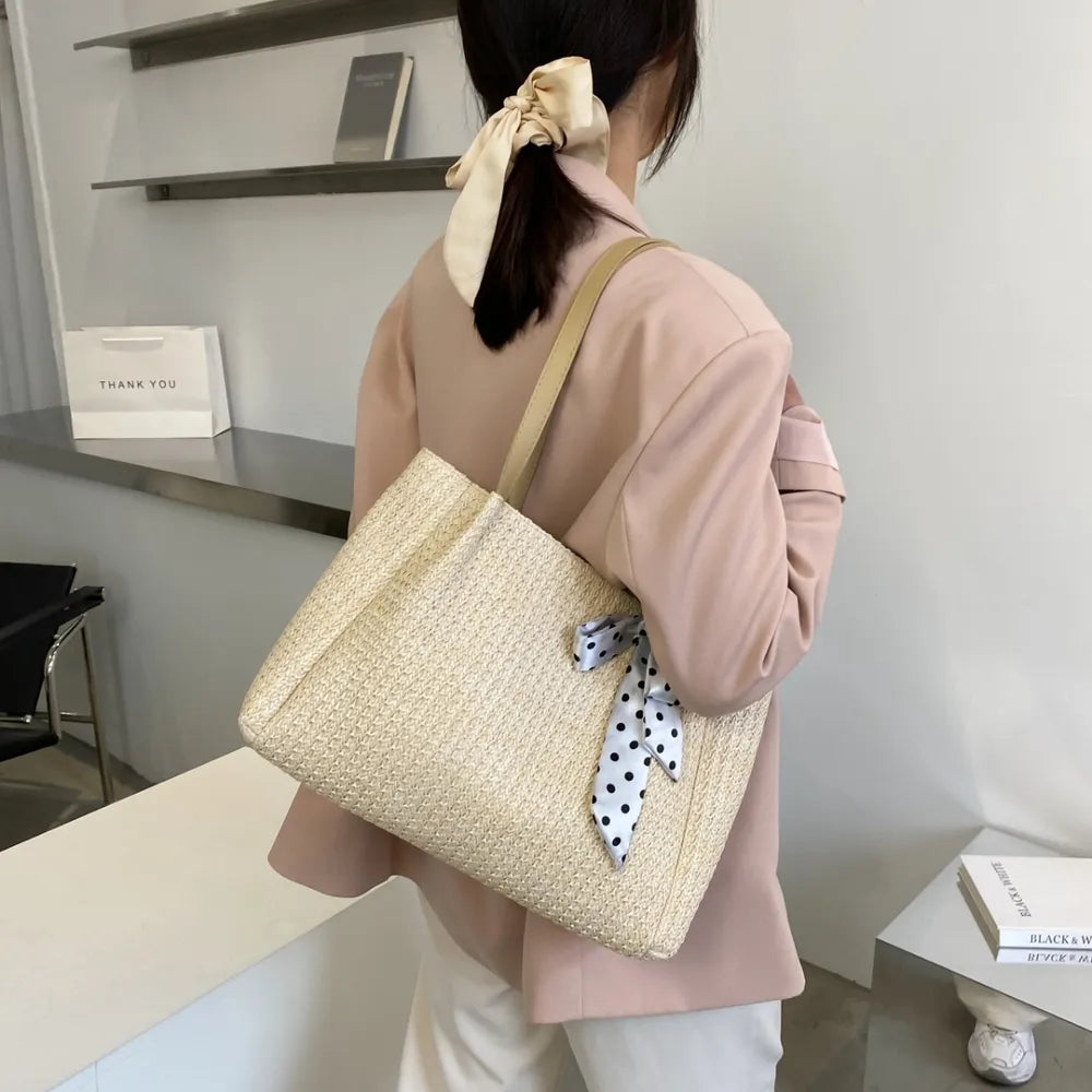 SOLINE – Woven Summer Bag with Leather Details &amp; Bow Accent