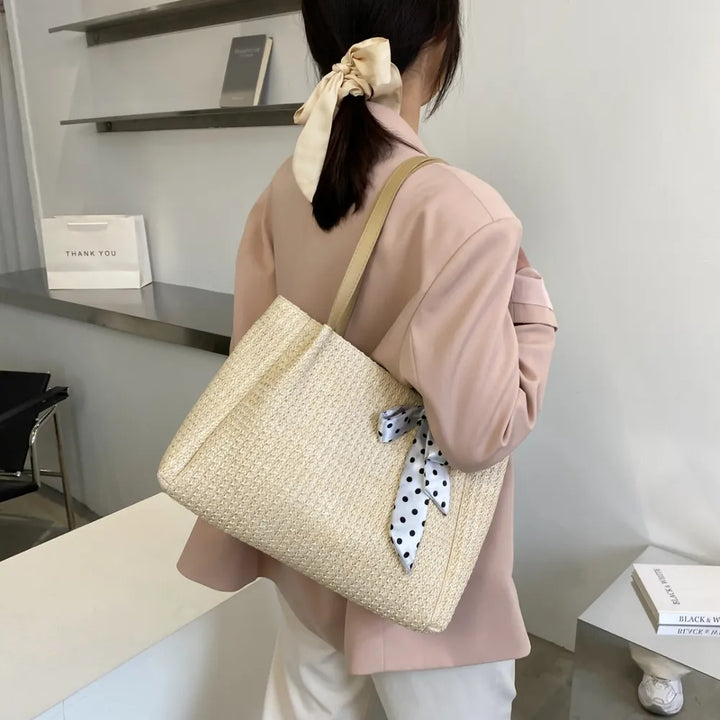 SOLINE – Woven Summer Bag with Leather Details &amp; Bow Accent