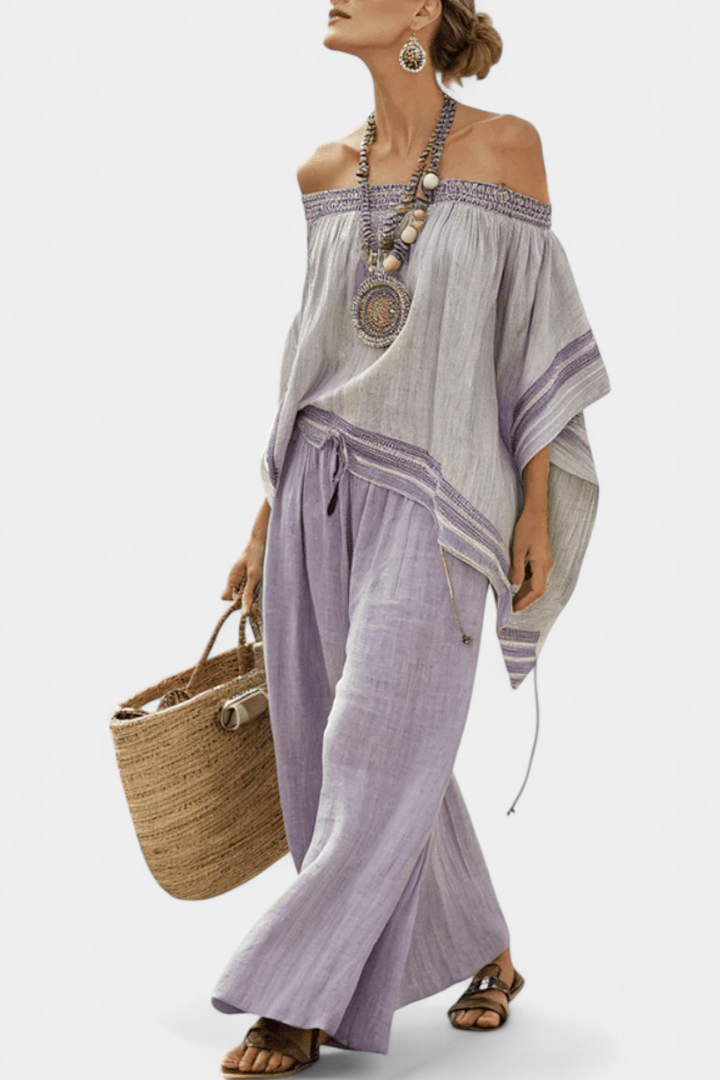 Zandrel | Elegant Off-Shoulder Top &amp; Wide-Leg Striped Trousers