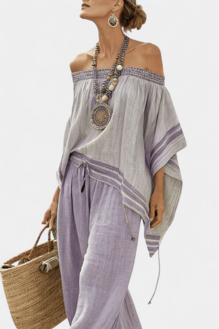 Zandrel | Elegant Off-Shoulder Top &amp; Wide-Leg Striped Trousers