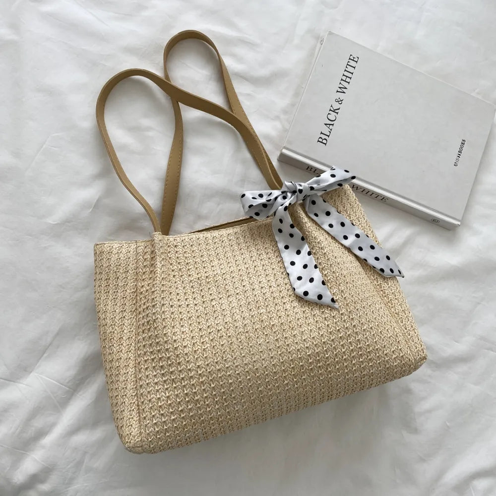 SOLINE – Woven Summer Bag with Leather Details &amp; Bow Accent