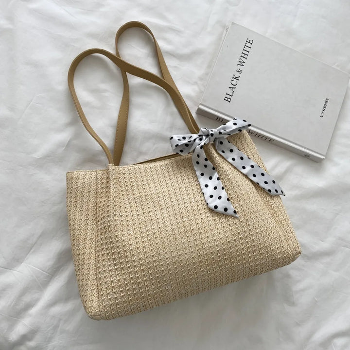 SOLINE – Woven Summer Bag with Leather Details &amp; Bow Accent