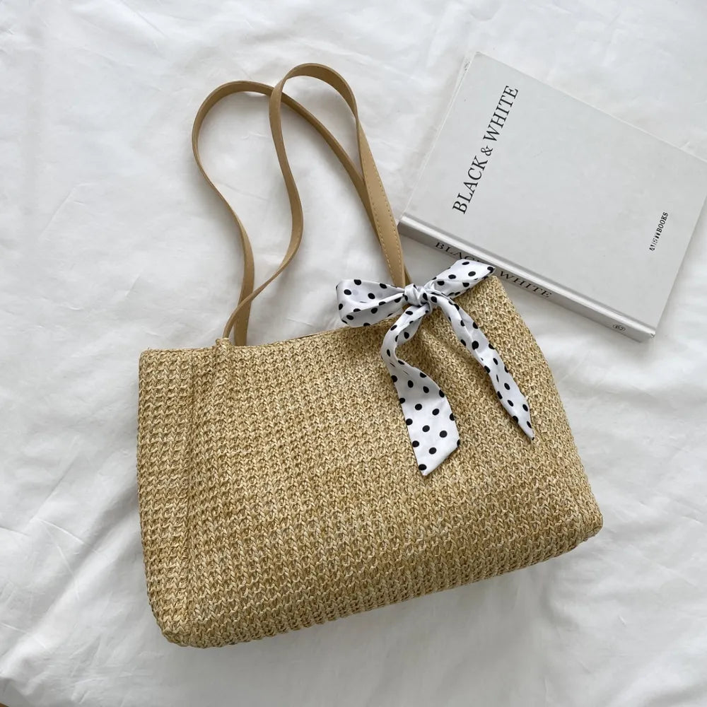 SOLINE – Woven Summer Bag with Leather Details &amp; Bow Accent
