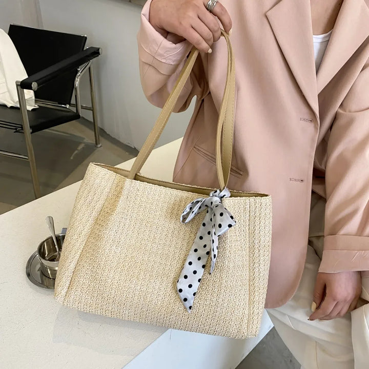 SOLINE – Woven Summer Bag with Leather Details &amp; Bow Accent