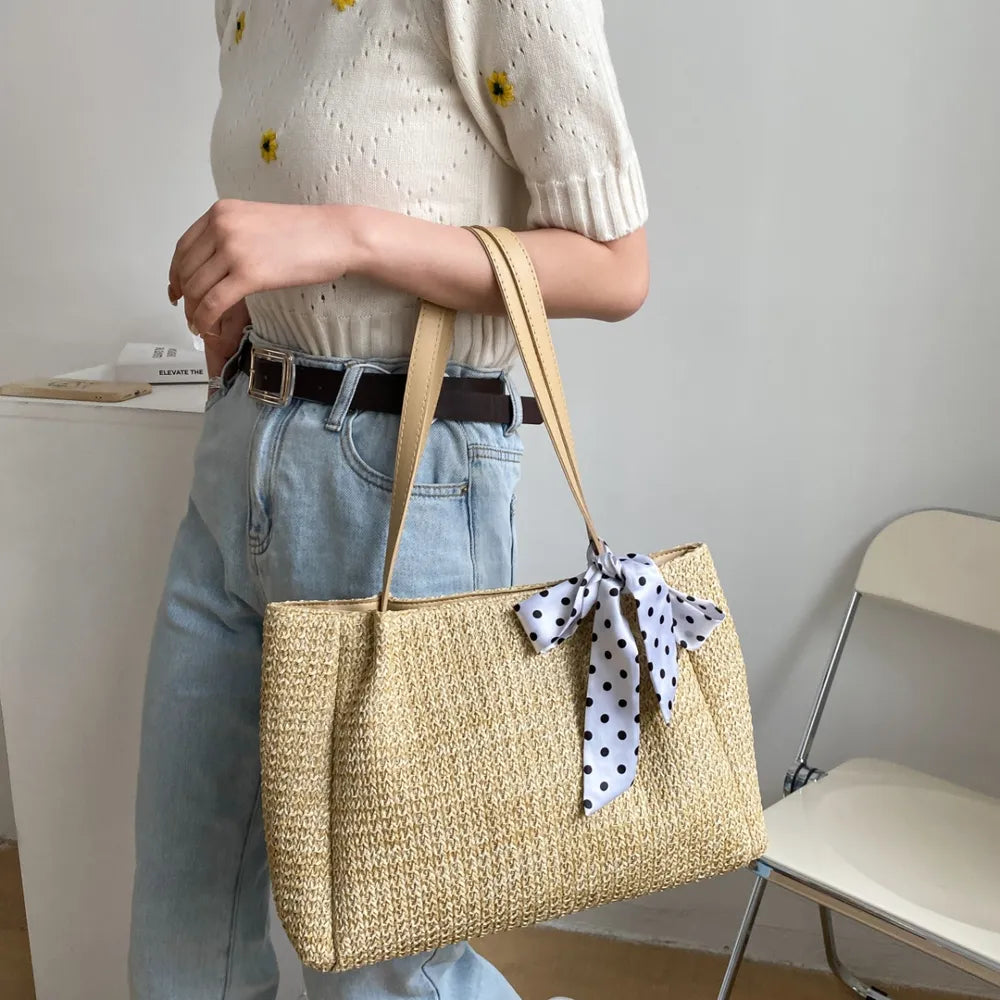 SOLINE – Woven Summer Bag with Leather Details &amp; Bow Accent