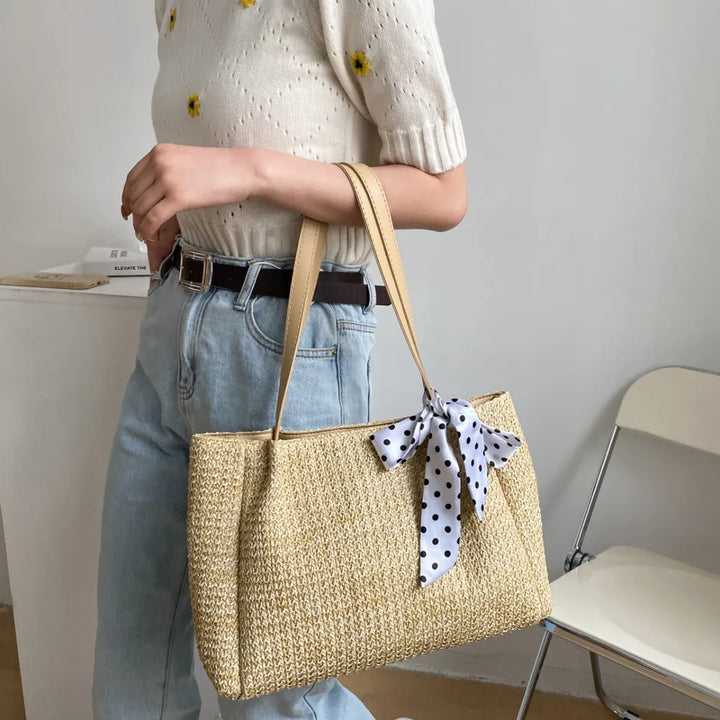 SOLINE – Woven Summer Bag with Leather Details &amp; Bow Accent