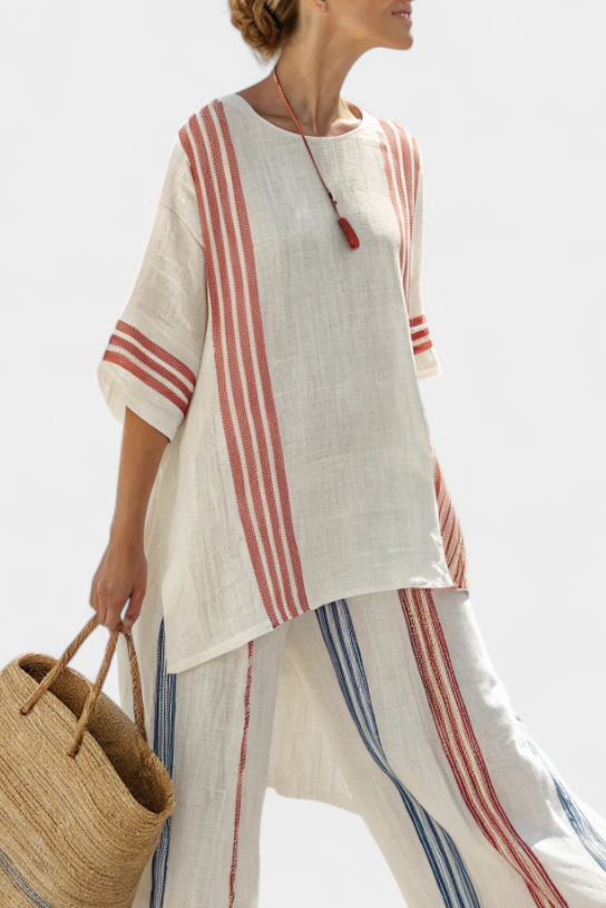Solvane | Sophisticated Multicolour Striped Top &amp; Mediterranean Trousers
