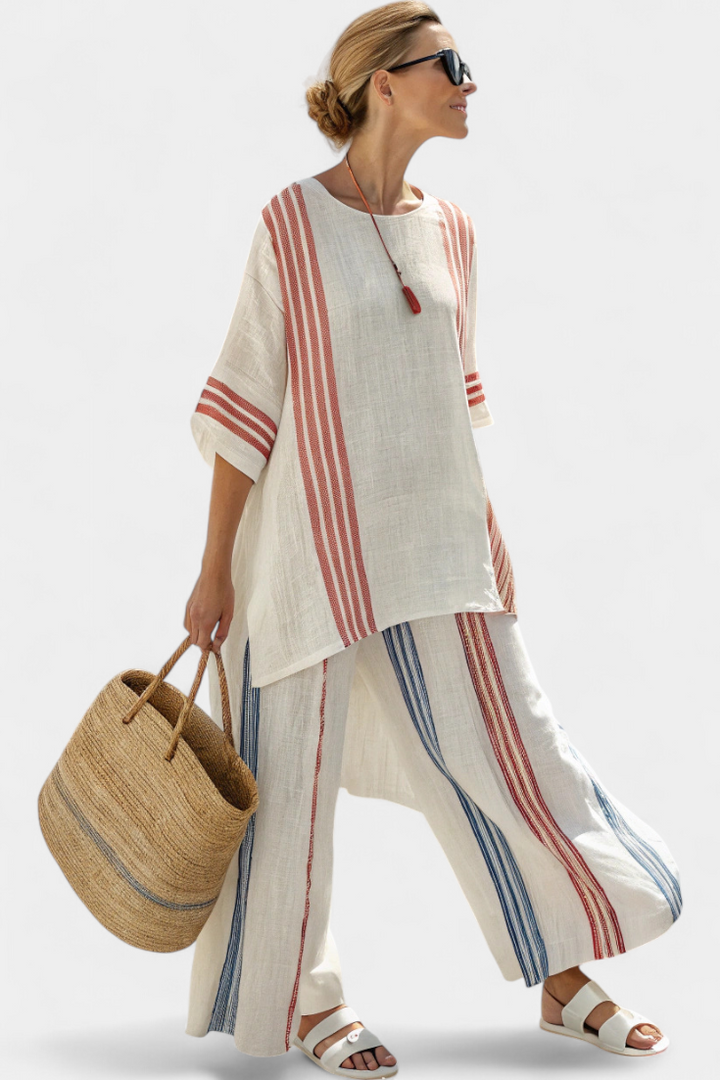 Solvane | Sophisticated Multicolour Striped Top &amp; Mediterranean Trousers