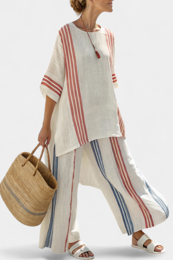 Solvane | Sophisticated Multicolour Striped Top &amp; Mediterranean Trousers