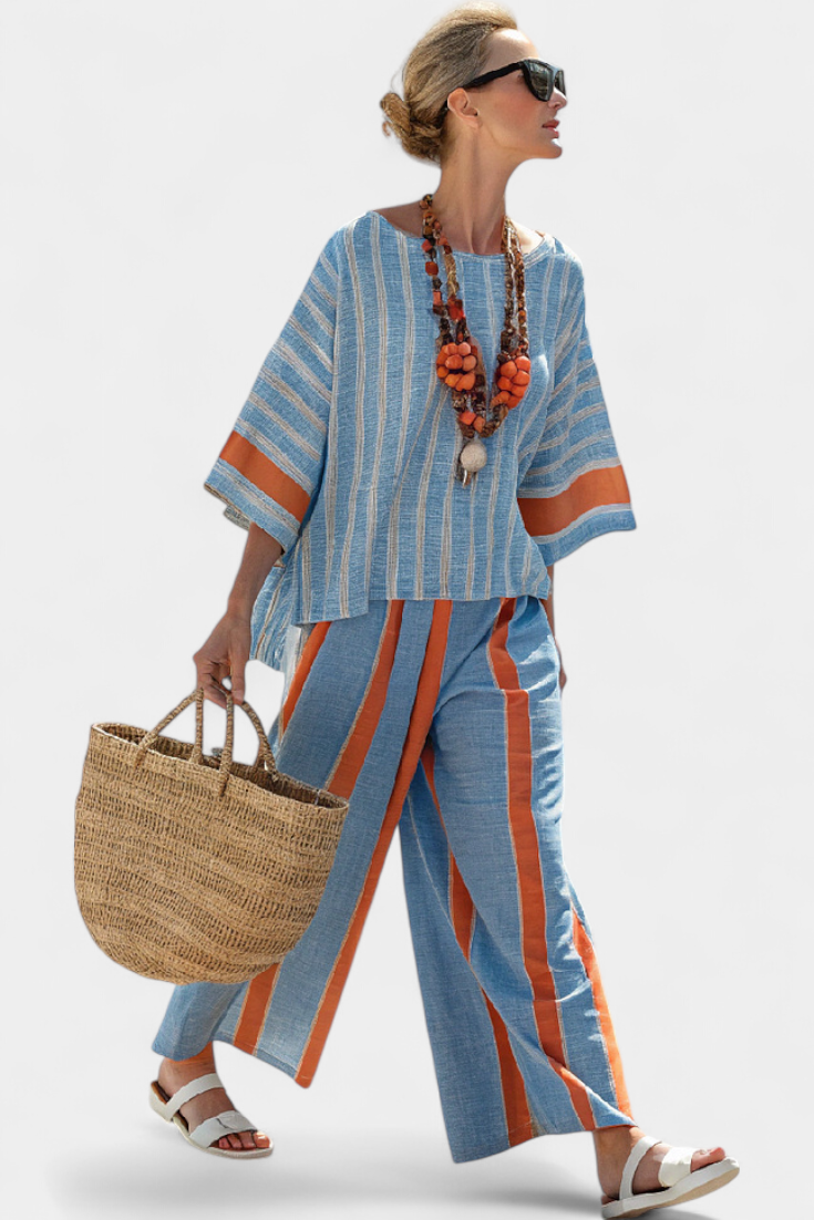 Velmere | Sophisticated Terracotta Striped Top &amp; Linen Trousers