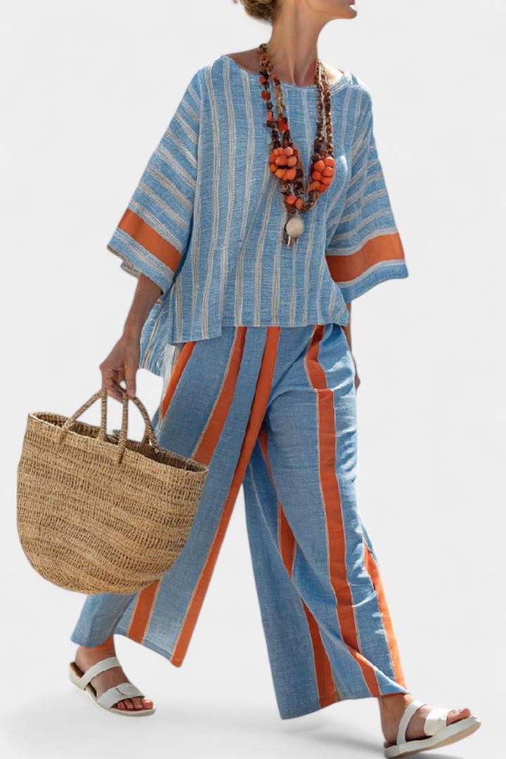 Velmere | Sophisticated Terracotta Striped Top &amp; Linen Pants