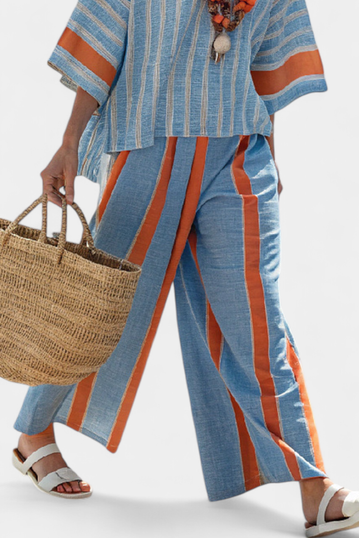 Velmere | Sophisticated Terracotta Striped Top &amp; Linen Trousers