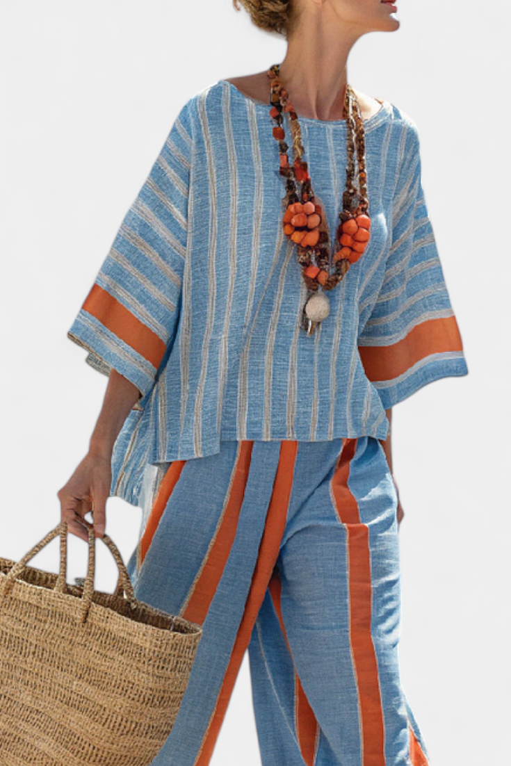 Velmere | Sophisticated Terracotta Striped Top &amp; Linen Trousers