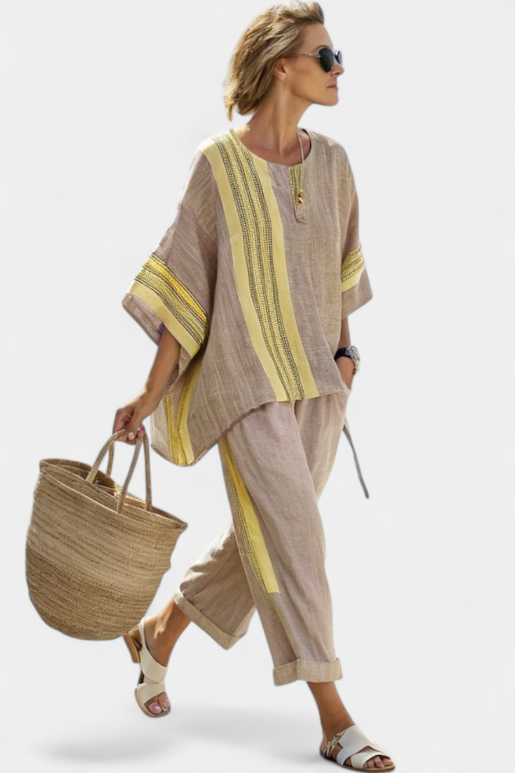 Elowric | Elegant Lavender Top &amp; Mustard Striped Trousers