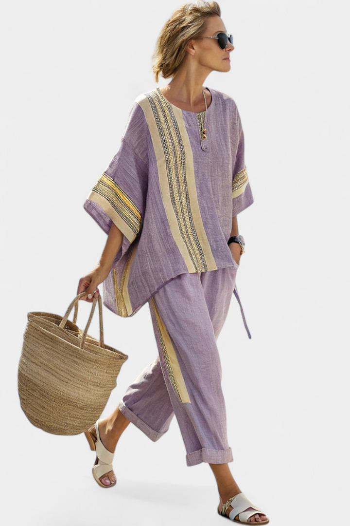 Elowric | Elegant Lavender Top &amp; Mustard Striped Trousers