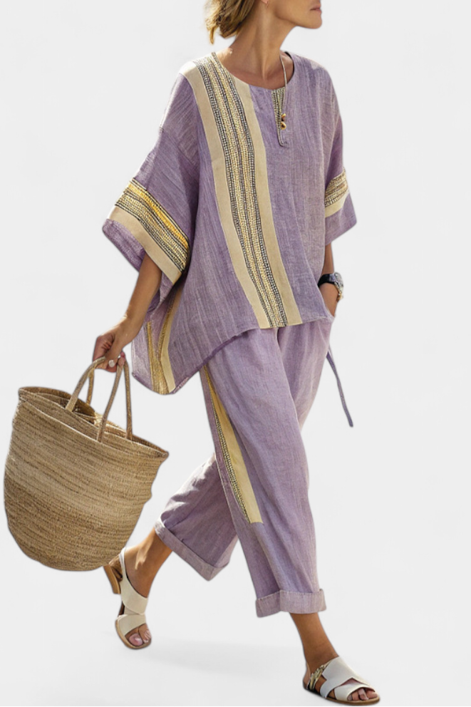 Elowric | Elegant Lavender Top &amp; Mustard Striped Trousers