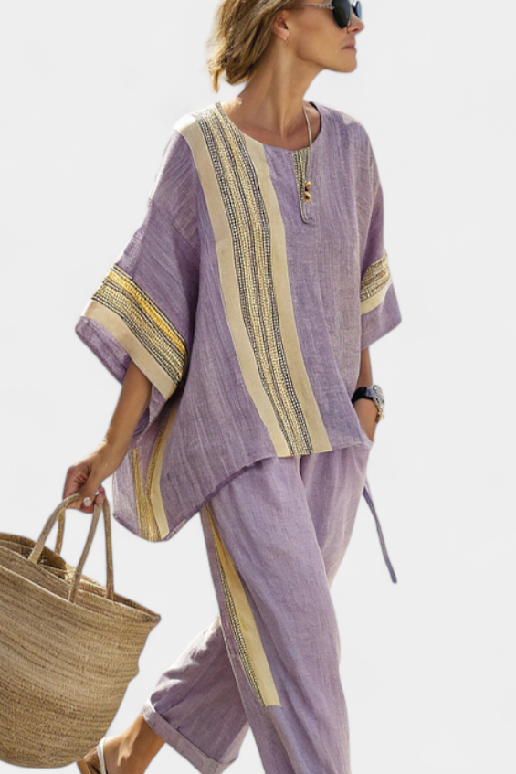 Elowric | Elegant Lavender Top &amp; Mustard Striped Trousers