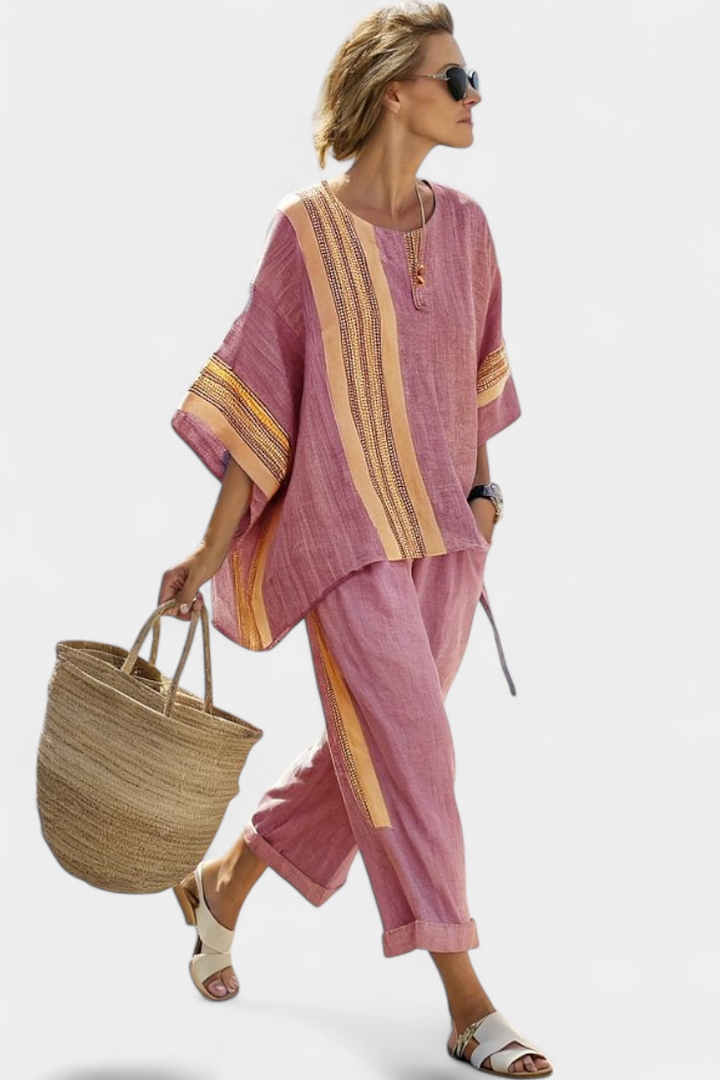 Elowric | Elegant Lavender Top &amp; Mustard Striped Trousers