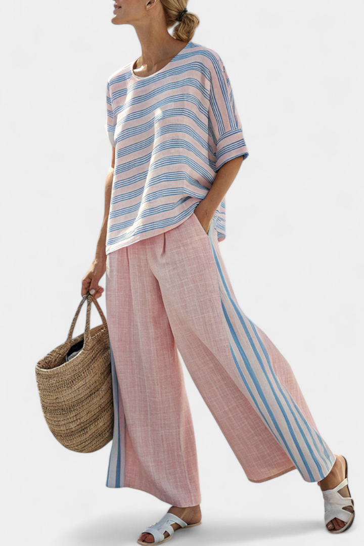 Virella | Elegant Pink-Blue Linen Blouse &amp; Soft Trousers