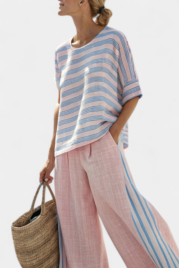 Virella | Elegant Pink-Blue Linen Blouse &amp; Soft Trousers