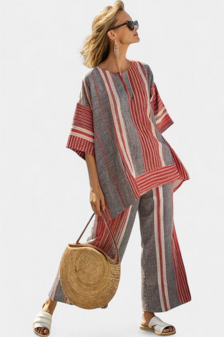 Bravine | Elegant Coral-Grey Linen Top &amp; Wide-Leg Trousers