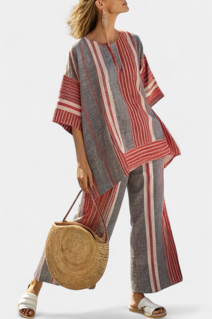 Bravine | Elegant Coral-Gray Linen Top &amp; Wide-Leg Pants