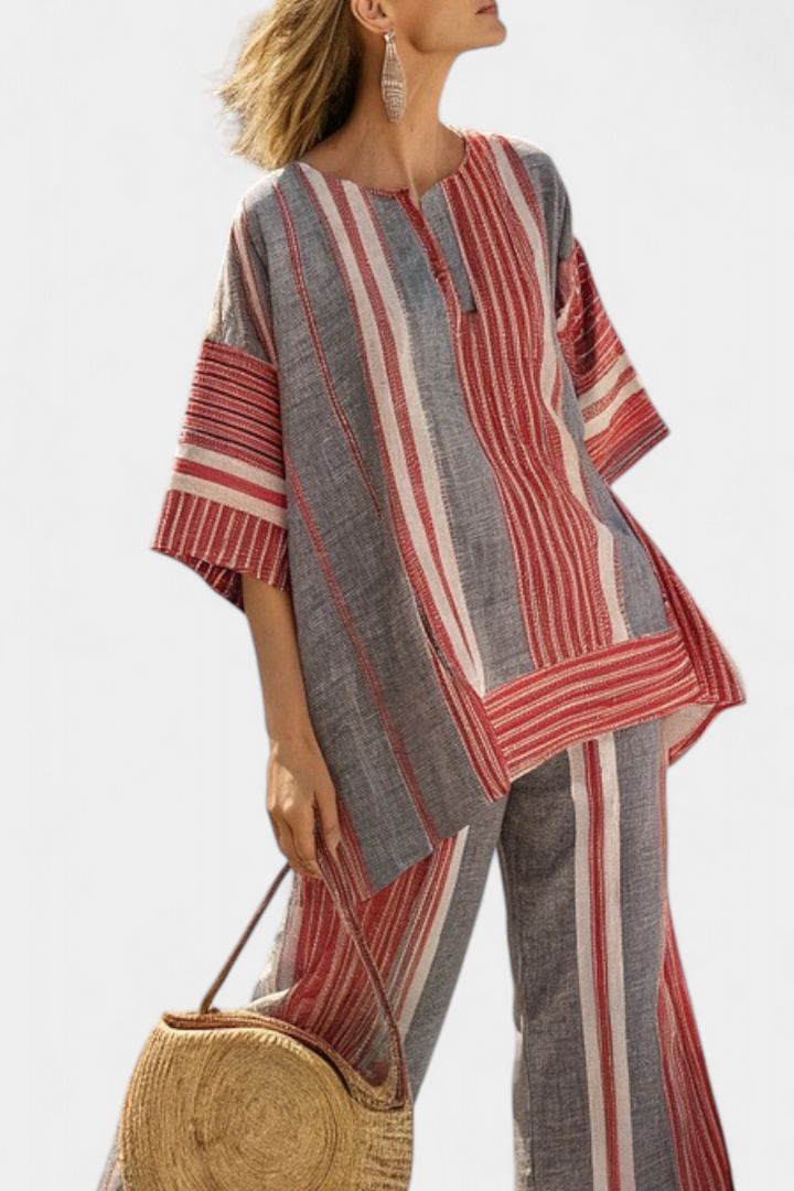 Bravine | Elegant Coral-Grey Linen Top &amp; Wide-Leg Trousers