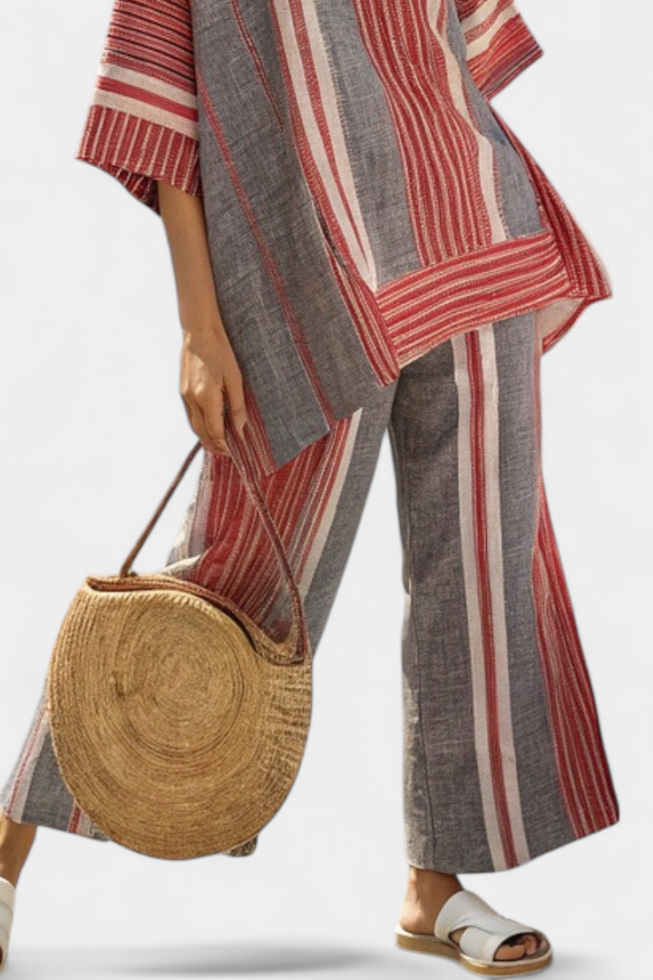 Bravine | Elegant Coral-Grey Linen Top &amp; Wide-Leg Trousers