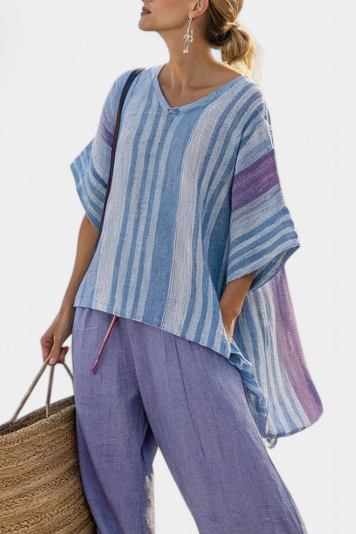 Zellora | Elegant Lavender &amp; Sky Blue Top &amp; Linen Trousers