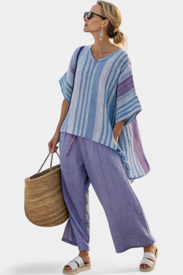 Zellora | Elegant Lavender &amp; Sky Blue Top &amp; Linen Trousers