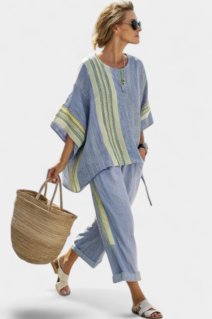 Elowric | Elegant Lavender Top &amp; Mustard Striped Trousers