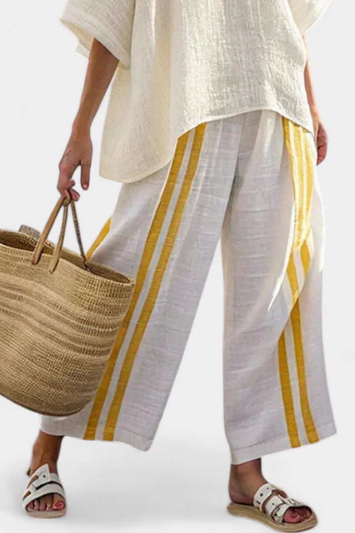 Anselor | Elegant Yellow Striped Linen Top &amp; Wide-Leg Trousers