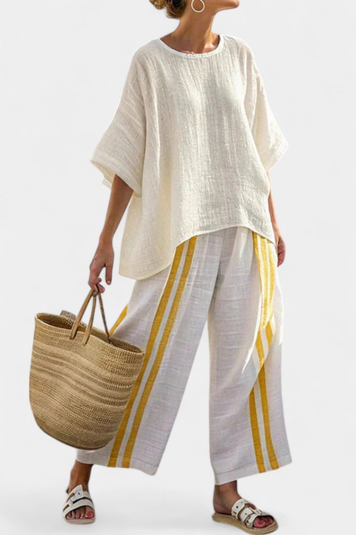 Anselor | Elegant Yellow Striped Linen Top &amp; Wide-Leg Trousers