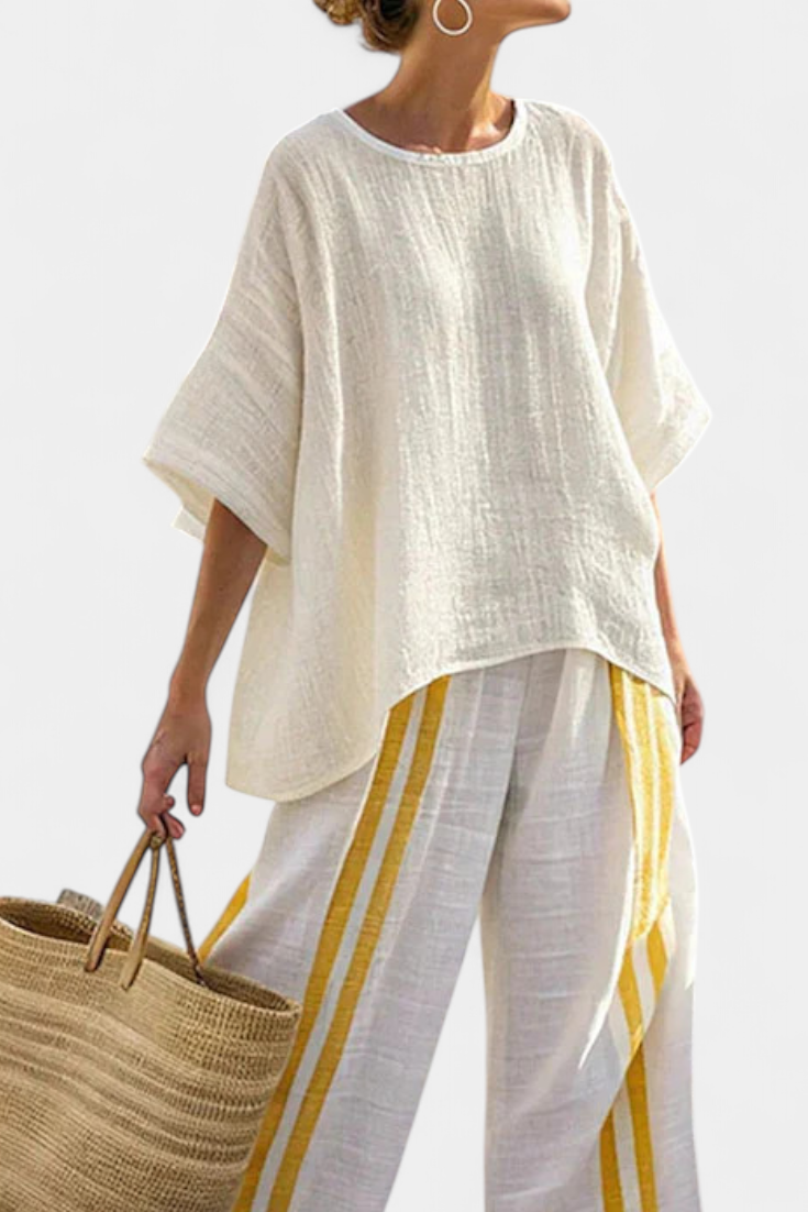 Anselor | Elegant Yellow Striped Linen Top &amp; Wide-Leg Trousers