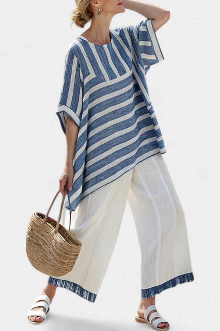 Corvielle | Sophisticated Blue Striped Top &amp; Hem-Detailed Trousers