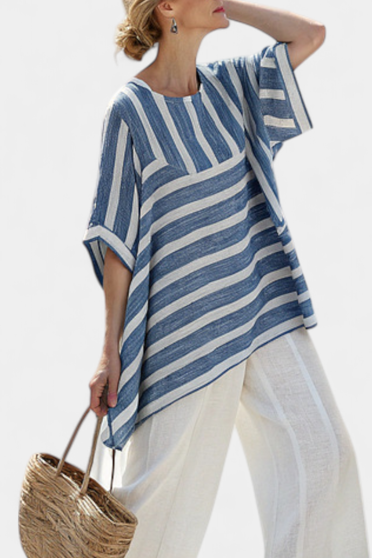 Corvielle | Sophisticated Blue Striped Top &amp; Hem-Detailed Trousers