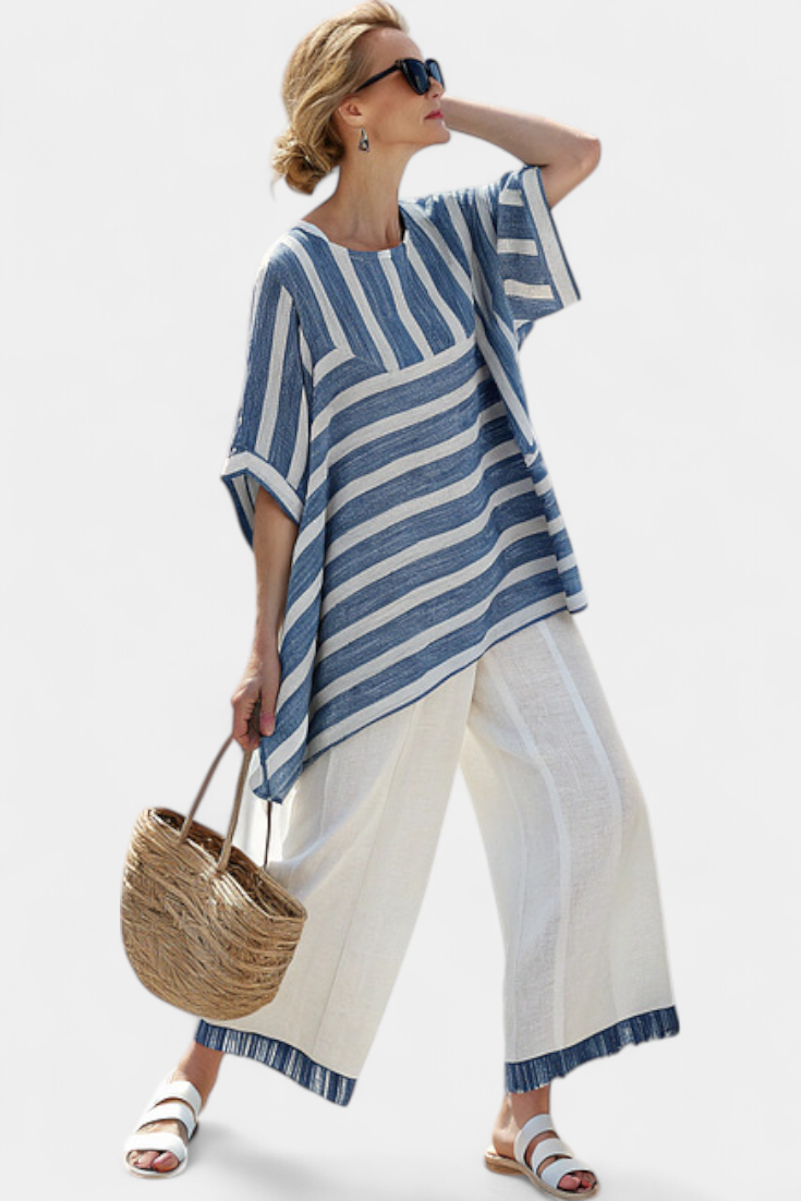 Corvielle | Sophisticated Blue Striped Top &amp; Hem-Detailed Pants