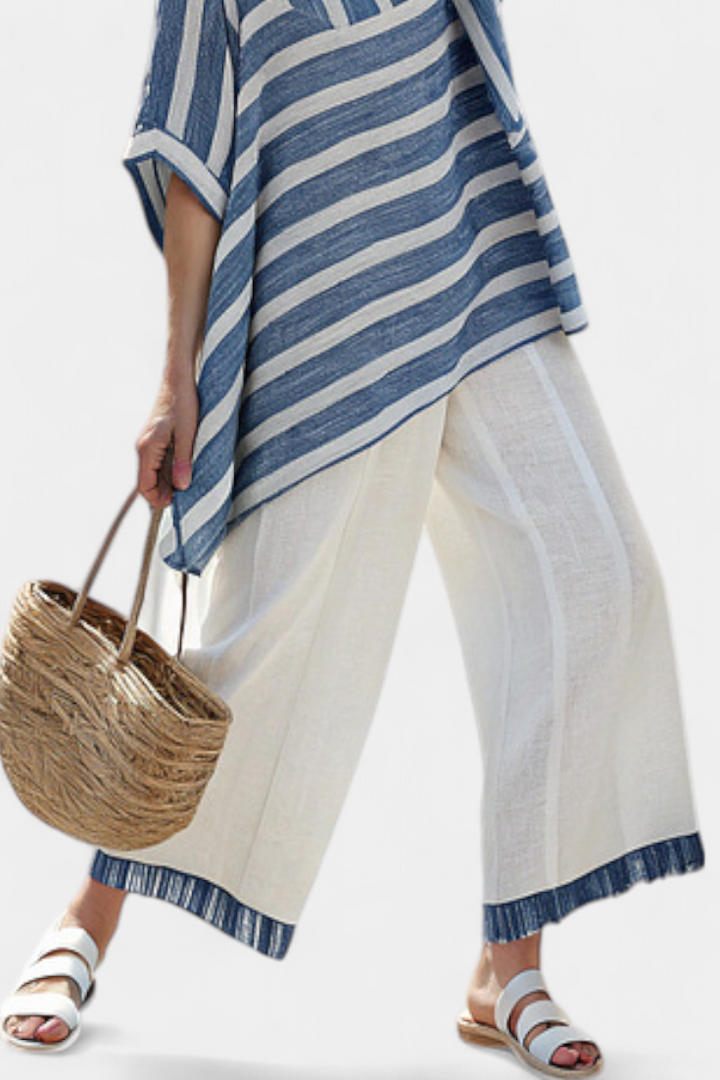 Corvielle | Sophisticated Blue Striped Top &amp; Hem-Detailed Trousers