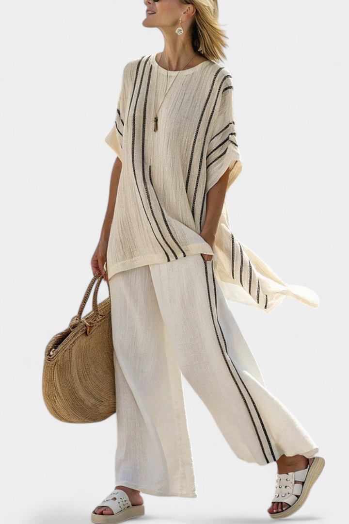 Greysen | Elegant Ivory Linen Blouse &amp; Black Striped Pants