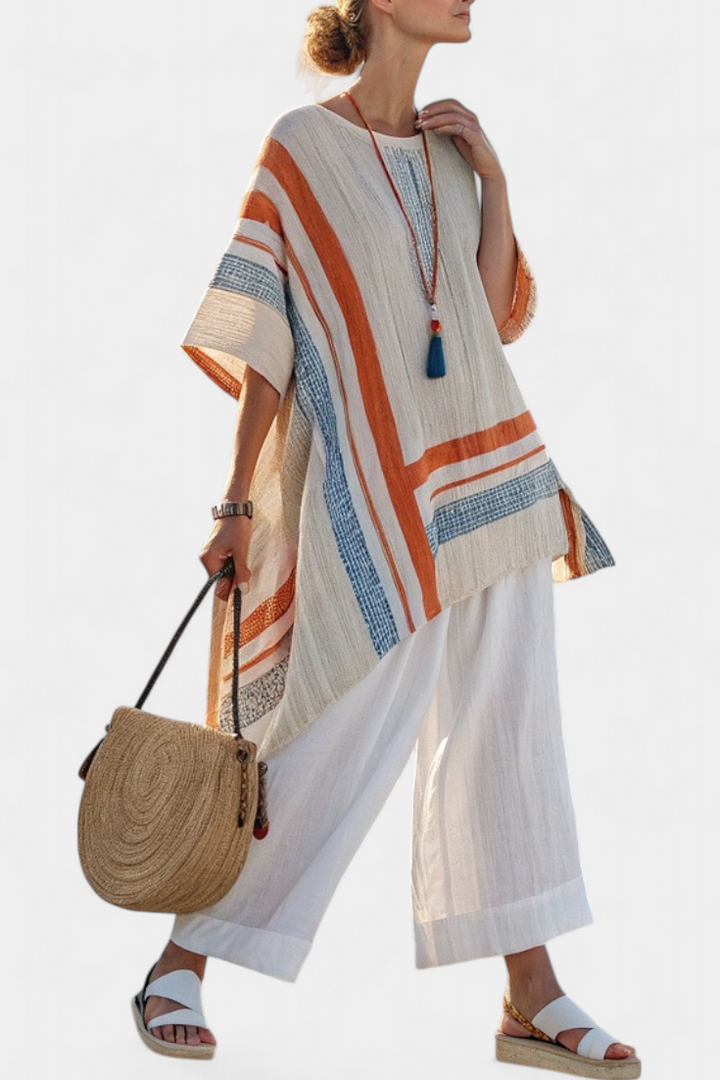 Caevan | Sophisticated Asymmetrical Blouse &amp; Wide-Leg Linen Trousers