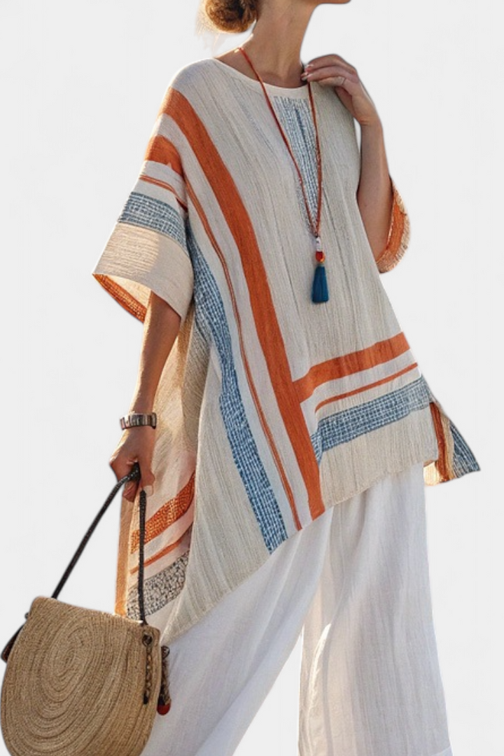 Caevan | Sophisticated Asymmetrical Blouse &amp; Wide-Leg Linen Trousers