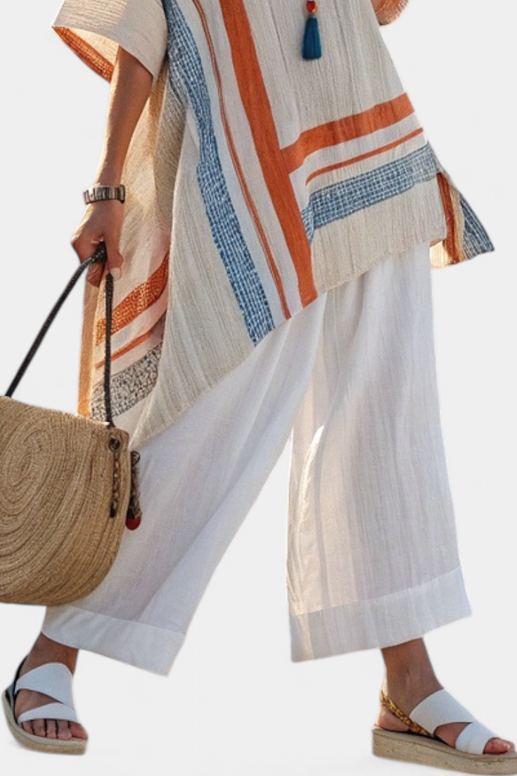 Caevan | Sophisticated Asymmetrical Blouse &amp; Wide-Leg Linen Trousers