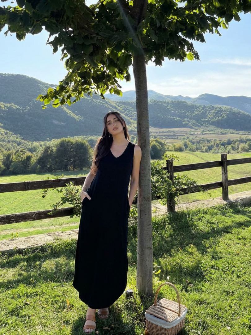 Soleira | Sleeveless V Neck Pocket Maxi Dress