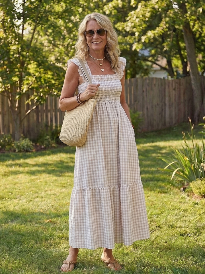 Odelisse | Flutter Sleeve Smocked Gingham Maxi Dress