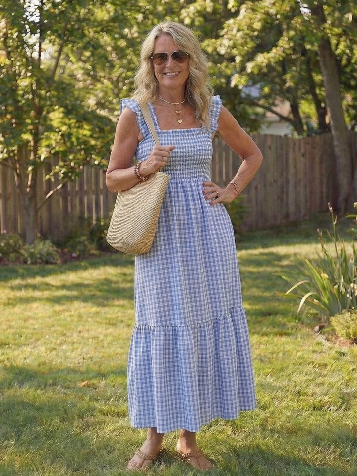 Odelisse | Flutter Sleeve Smocked Gingham Maxi Dress