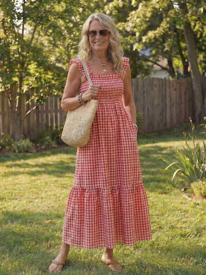 Odelisse | Flutter Sleeve Smocked Gingham Maxi Dress