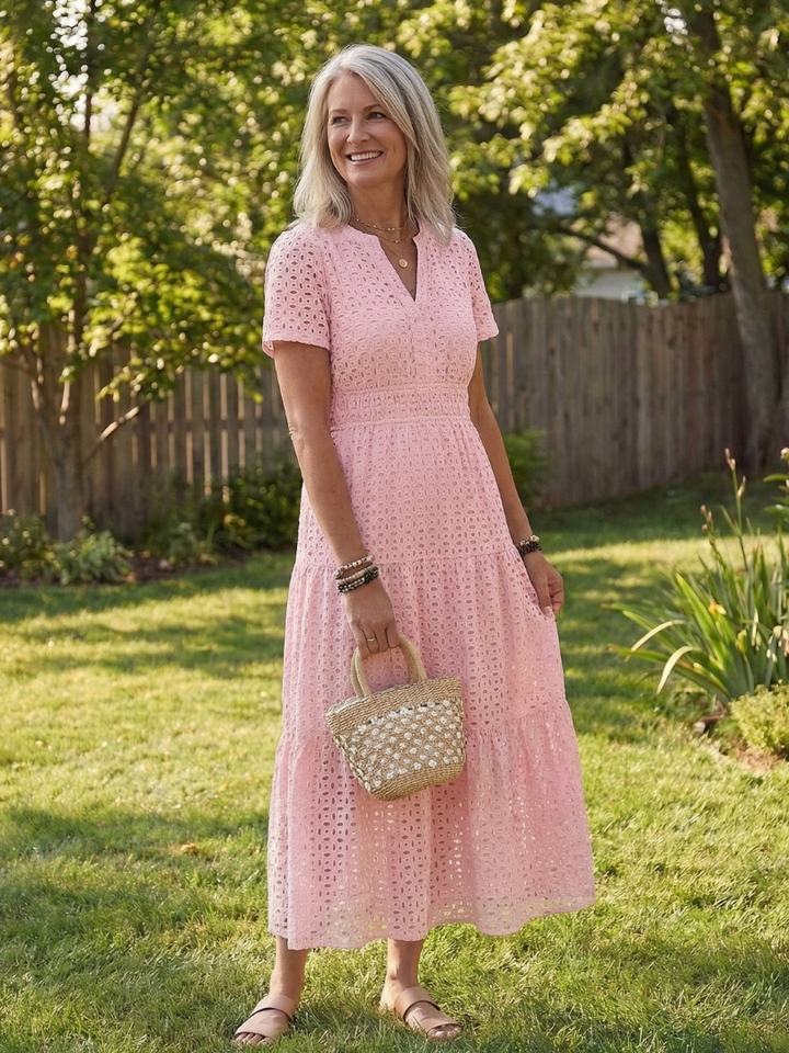 Virelle | Short Sleeve Eyelet Tiered Midi Dress