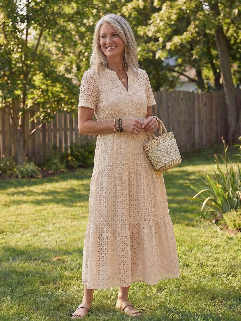 Virelle | Short Sleeve Eyelet Tiered Midi Dress