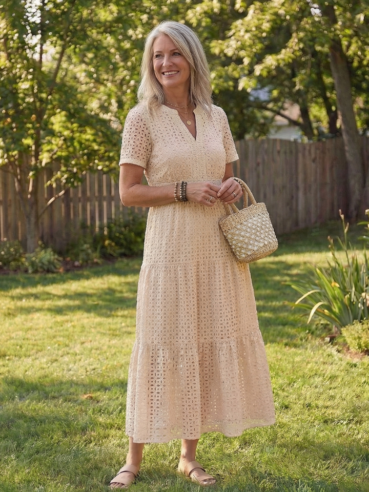 Virelle | Short Sleeve Eyelet Tiered Midi Dress